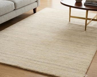 Alfombra de lana color marfil hecha a mano de 4x6, alfombra con sutiles rayas tonales, alfombra de área neutra cálida, alfombra color crema tejida a mano, alfombra minimalista moderna para dormitorio.