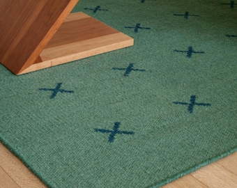 Alfombra escandinava verde, alfombra azul verdoso oscuro, alfombra nórdica moderna de lana, alfombra Japandi para sala de estar, alfombra minimalista hecha a mano