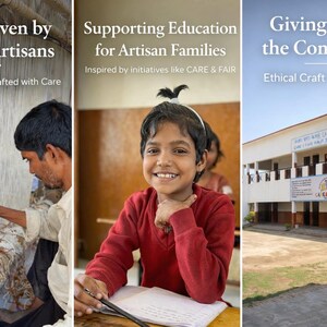 May include: A triptych image showing a person weaving on a loom with the text Handwoven by Skilled Artisans, a smiling child in a red sweater writing in a notebook with the text Supporting Education for Artisan Families, and a school building.