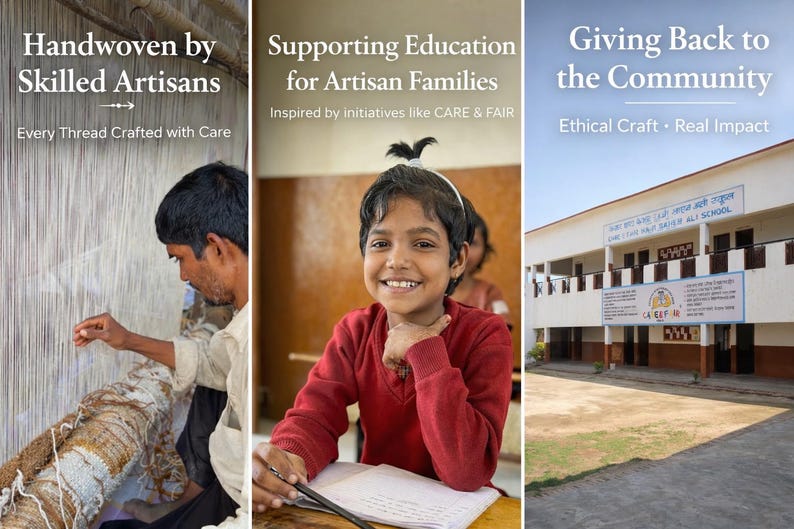 May include: A triptych image showing a person weaving on a loom with the text Handwoven by Skilled Artisans, a smiling child in a red sweater writing in a notebook with the text Supporting Education for Artisan Families, and a school building.