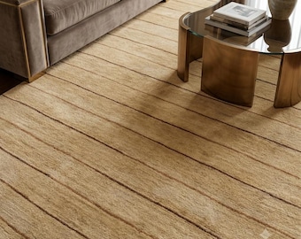 Alfombra de lana beige de 4x6, alfombra minimalista de tonos neutros, alfombra de líneas marrones, alfombra moderna hecha a mano para sala de estar, alfombra de textura suave para dormitorio.