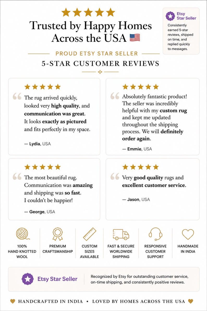 K&ouml;nnte beinhalten: Eine wei&szlig;e Infografik mit F&uuml;nf-Sterne-Kundenbewertungen f&uuml;r einen Teppichladen. Der Text enth&auml;lt Trusted by Happy Homes Across the USA, Etsy Star Seller sowie Angaben zu 100% handgekn&uuml;pfter Wolle, individuellen Gr&ouml;&szlig;en und Herstellung in Indien.