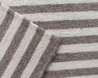 Alfombra de lana a rayas hecha a mano, alfombra escandinava de tejido plano, alfombra beige marfil neutra, alfombra moderna minimalista para sala de estar, alfombra de tamaño personalizado.