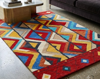 Alfombra Gabbeh anudada a mano de 1,2 x 1,8 m, alfombra de lana geométrica colorida, alfombra tribal hecha a mano.