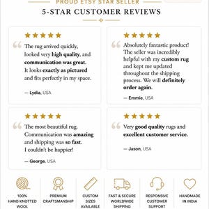 Pu&ograve; includere: Un grafico informativo bianco con recensioni a cinque stelle per un negozio di tappeti. Il testo include Trusted by Happy Homes Across the USA, Etsy Star Seller e dettagli su lana 100% annodata a mano, misure personalizzate e fatta in India.