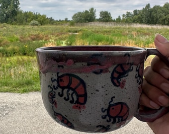 Handmade Shrimp Bowl with Handle Handpainted
