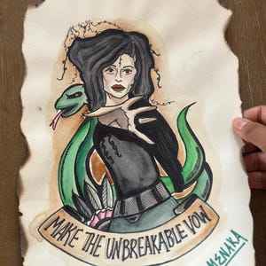 May include: Watercolor illustration on aged paper featuring a woman with dark hair and a green snake. The artwork includes the text "MAKE THE UNBREAKABLE VOW" on a banner. The artist's signature is visible in green ink.