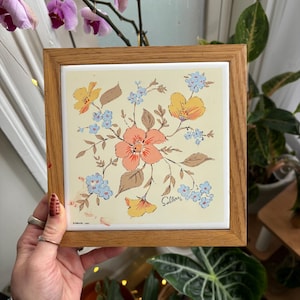 Square 1980s Vintage Floral Wall Art Tile