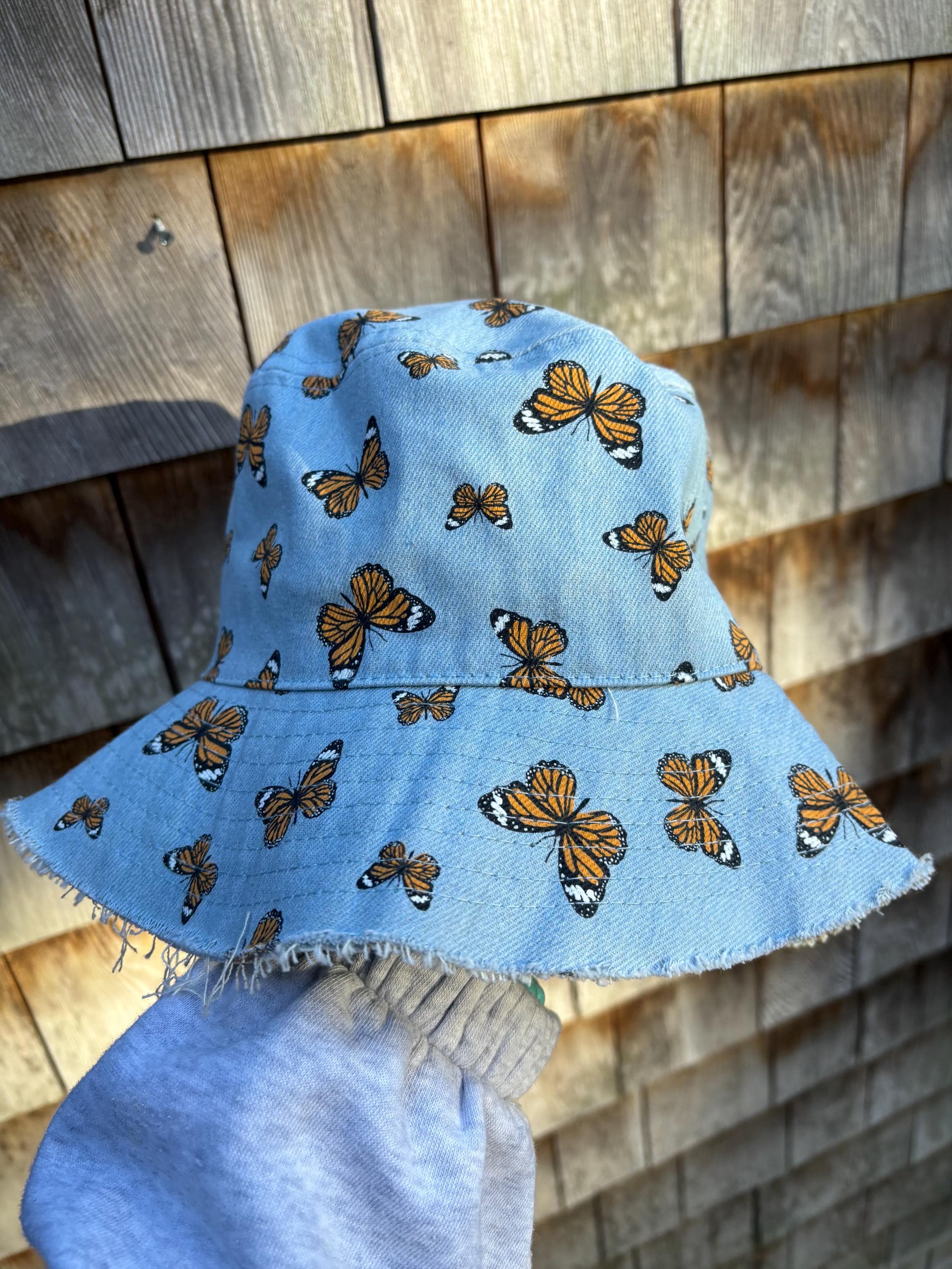 Butterfly Reversible Stretch Denim Bucket Hat New Reversible Butterfly Bucket Hat: Denim & Metallic Monarchs  main image 4