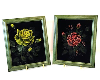 Set of 2 Vintage Black Velvet Floral Oil Paintings 1984 Signed 8x10 Framed