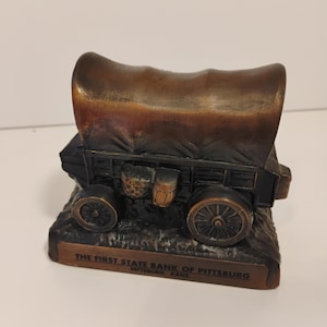 Vintage Brass Covered Wagon Coin Bank No Key First Bank Of Pittsburgh