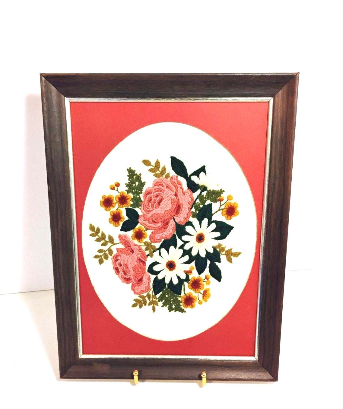 Framed Floral Crewel Embroidery Completed 1980s Mauve Bouquet - Etsy