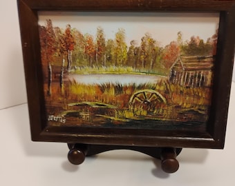 Original painting fall scene rustic, primitive small painting.