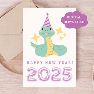 Cartão de Ano Novo para Imprimir, Cartão de Natal de Cobra, Cartão Digital de Ano Novo, Cartão Estético de Ano Novo, Cartão Bonito para Imprimir, Feliz Ano Novo