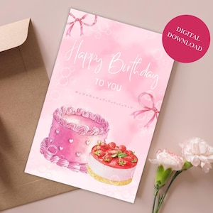 Biglietto di compleanno con torta, biglietto di compleanno estetico, biglietto di compleanno con dessert, biglietto di auguri rosa, biglietto di buon compleanno, biglietto di compleanno kawaii