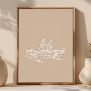 Jesus and Peter walking on water Christian Minimalist wall art Printable, Boho Christian, digital download