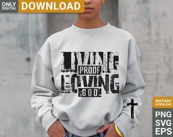 Diseño de camiseta SVG "Prueba viviente de un Dios amoroso", SVG de fe cristiana retro, versículo bíblico, diseño de Jesús, descarga digital