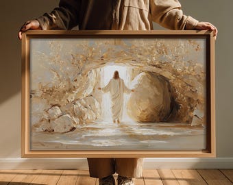 He Is Risen Modern Christian Painting: Empty Tomb, Bible Verse, Easter decor (digital download)