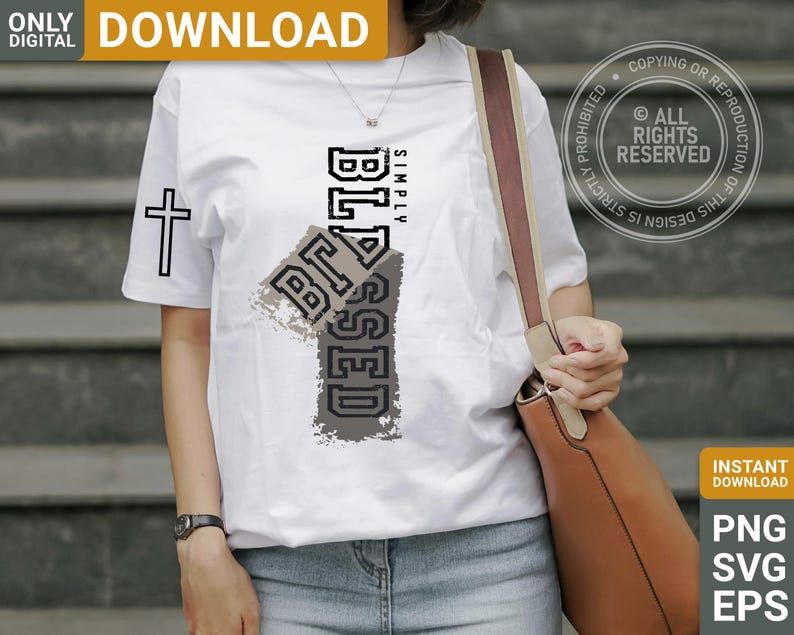 May include: White t-shirt with the word "BLESSED" in a distressed, gray and black design. A black cross is on the left sleeve. The words "SIMPLY" are above the word "BLESSED".