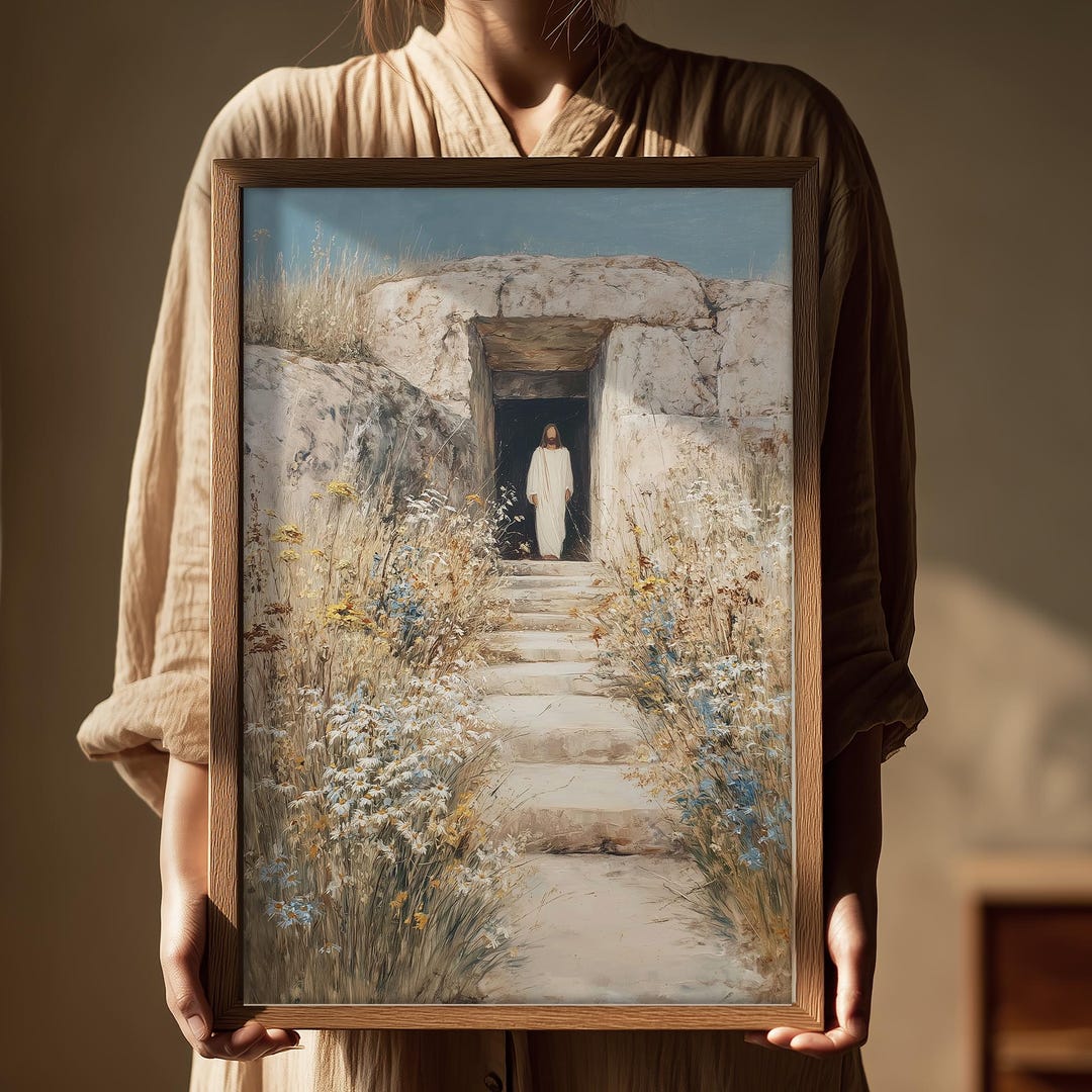 He is Risen Painting, Empty Tomb Artwork, Retro Christian Wall Art ...