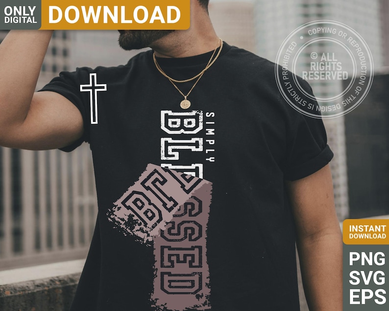 May include: Black t-shirt with the words "SIMPLY BLESSED" in white and a cross graphic. The word "BLESSED" is also printed in a distressed style on a rectangular shape. The shirt has a crew neck and short sleeves.