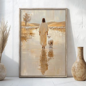 Jesus Leaves The 99 Minimalist oil painting art printable, Jesus Christ poster, Faith art, Religious wall art, digital download