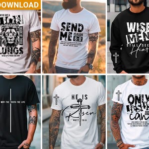 May include: Collection of white and black t-shirts and a black sweatshirt with religious text and cross graphics. The shirts feature phrases like "You've Got a Lion Inside of Those Lungs" and "He Is Risen." The sweatshirt says "Wise Men Still Seek Him."