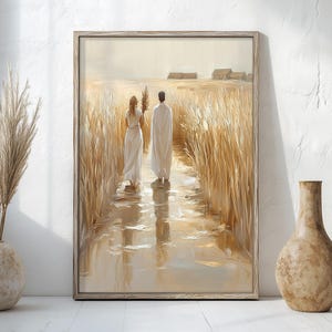 May include: A painting of two figures in white robes walking through a field of tall, golden grass. The figures are walking towards the viewer, and the sun is shining brightly in the background.