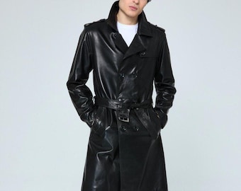 Men's Black  Leather Trench Coat - Handmade Turkish Lambskin Vintage Duster
