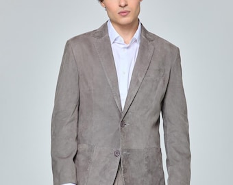 Men's Gray Suede Blazer, Lambskin Sport Coat, Slim Fit Turkish Tailored Design