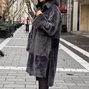 Women Reversible Shearling Coat - Gray Lambskin Sheepskin Jacket - Double-Sided Winter Coat - Luxury Handcrafted Outerwear