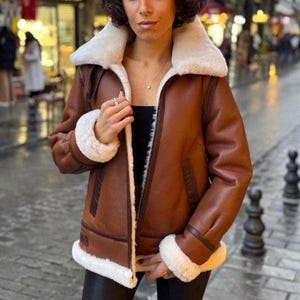 Women&#39;s Brown Sheepskin Aviator Jacket – Handmade  Shearling Biker Coat – Winter Leather Pilot Jacket