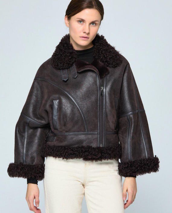Sheepskin Aviator Jacket - Women's Shearling Brown Bomber Coat - Premium Genuine Leather B3 Bomber, Warm Sherpa Fur Insulated Jacket
