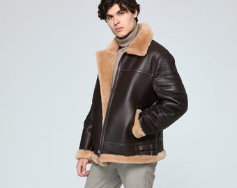 Men's B3 Shearling Leather Jacket, RAF Aviator Bomber Coat, Genuine Sheepskin Flight Jacket