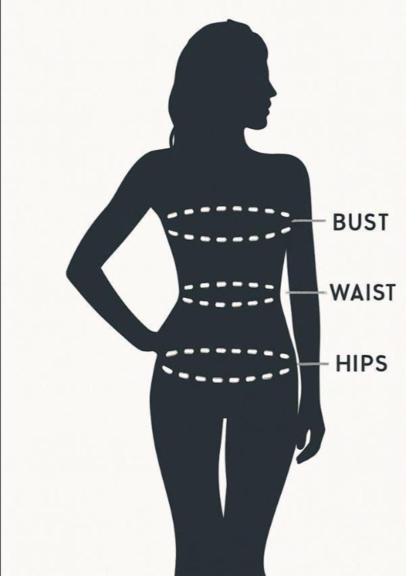 May include: Silhouette of a person with bust, waist, and hips measurement guide. Dotted lines indicate measurement points. Text labels identify each area: BUST, WAIST, and HIPS. The figure is in dark gray against a white background.