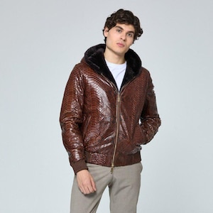 Men's Python Leather Jacket | Handmade Rex Rabbit Fur Lined Hooded Coat