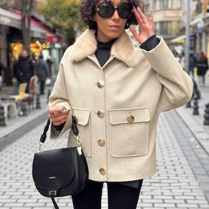 Women’s Cashmere Coat with Mink Fur Collar | Elegant Winter Wool Jacket | Luxury Handmade Coat