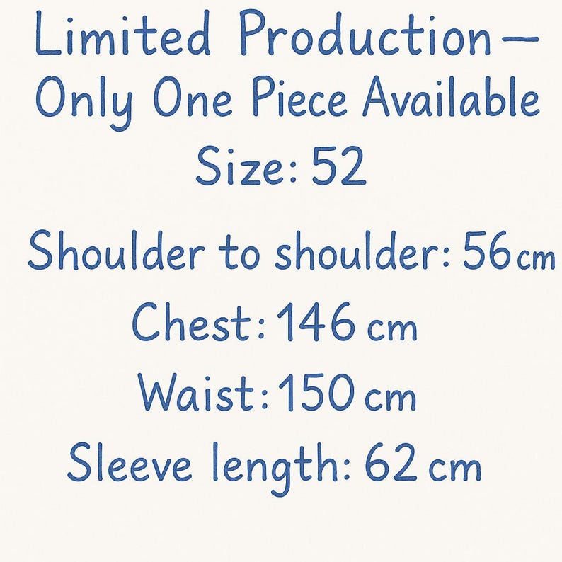 May include: Text on a cream background reads "Limited Production - Only One Piece Available Size: 52 Shoulder to shoulder: 56 cm Chest: 146 cm Waist: 150 cm Sleeve length: 62 cm". The text is in a dark blue, handwritten style.