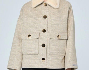 Kashmirullkappa för kvinnor, minkpälskrage, lyxiga vinterytterkläder