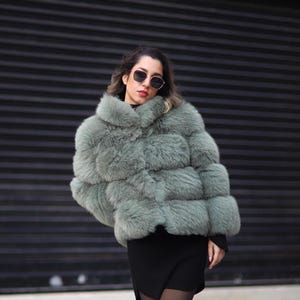 Short Green Fox Fur Jacket – Real Soft Fur Coat for Women – Handmade Luxury Winter Outerwear