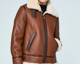 Shearling Schaffell Bomberjacke, türkischer brauner Leder-Fliegermantel
