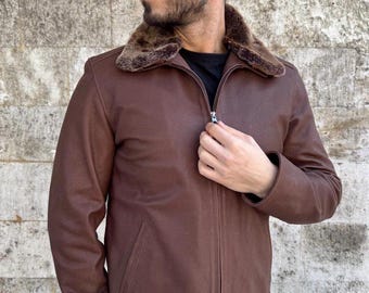 Men's Brown Shearling Real Leather Bomber Jacket, Vintage Style Pilot Jacket