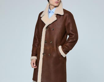 Mens Shearling Coat Vintage Long Sheepskin Jacket - Luxury Men Winter Leather Trench - Fur Lined Overcoat Genuine Turkish Outerwear