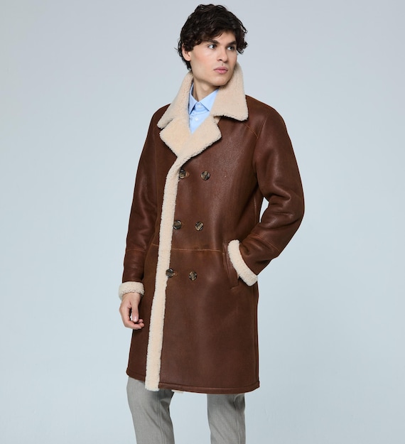 leather trench coat shearling winter coat mens