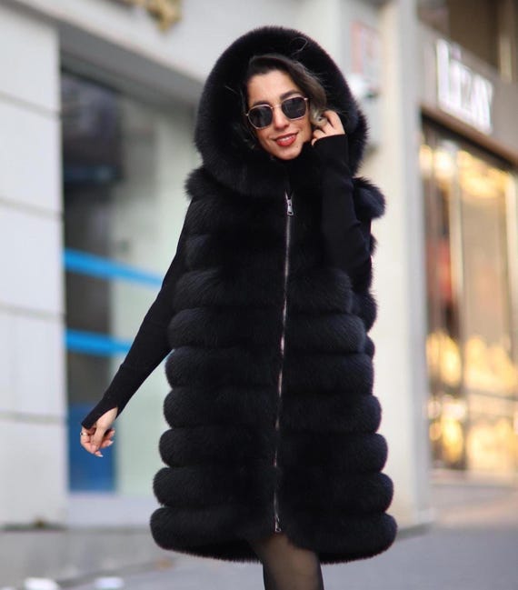 Chaleco de piel de zorro con capucha Chaqueta de zorro real para