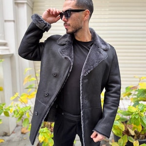 Handmade Men’s Sheepskin Leather Coat – Black Fur Lined Winter Jacket