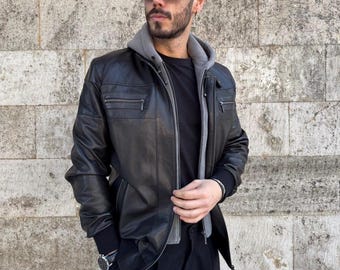 Handmade Lambskin Leather Biker Jacket with Removable Hoodie