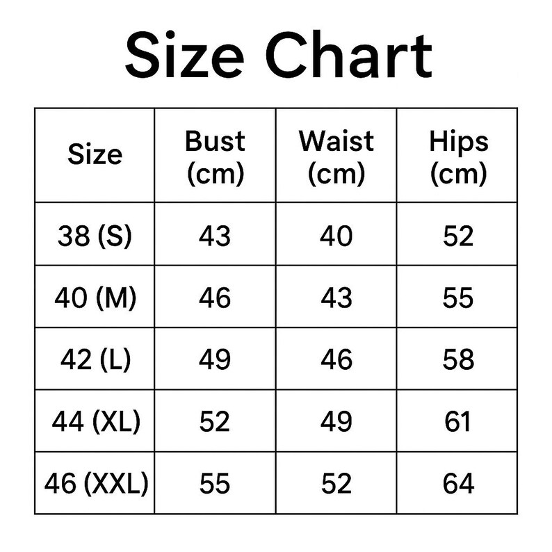 May include: A size chart with the title "Size Chart" at the top. The chart has columns for Size, Bust (cm), Waist (cm), and Hips (cm). Sizes range from 38 (S) to 46 (XXL), with corresponding measurements in centimeters.
