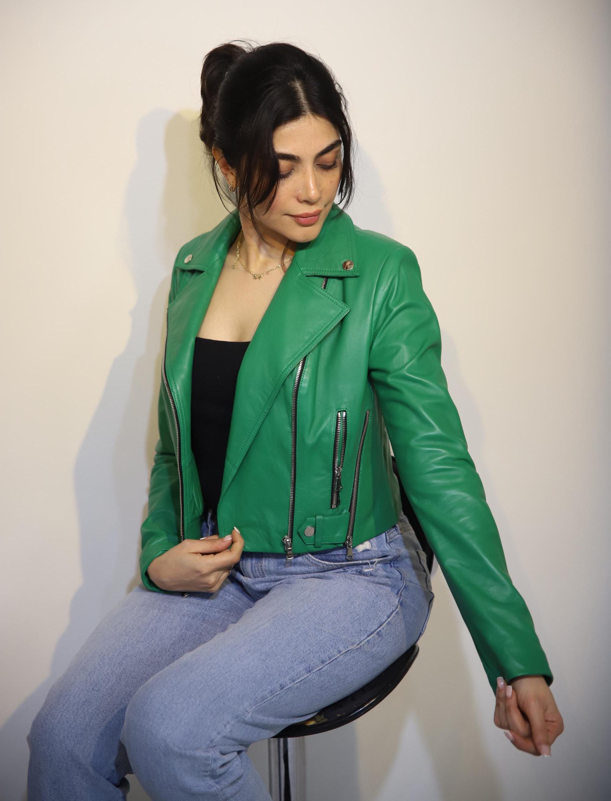 Green Lambskin Leather Biker Jacket - Women's Moto Coat - Etsy