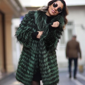 Green Real Fox Fur Jacket for Women – Handmade Luxury Winter Coat from Turkey | Elegant Natural Fur Outerwear, Warm & Stylish